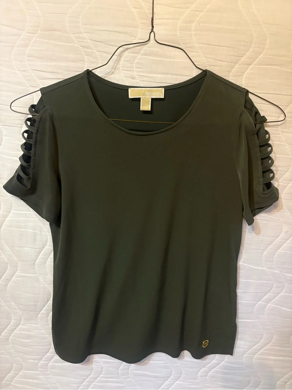 Michael Kors Dark Olive Ladder-Trim Short Sleeve Blouse